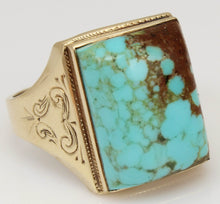 Load image into Gallery viewer, Antique 1920&#39;s Art Deco RARE Natural #8 Mine Nevada Turquoise Hand Engraved 10k Solid Gold Mens Ring