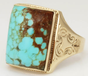 Antique 1920's Art Deco RARE Natural #8 Mine Nevada Turquoise Hand Engraved 10k Solid Gold Mens Ring