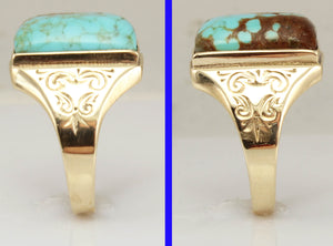 Antique 1920's Art Deco RARE Natural #8 Mine Nevada Turquoise Hand Engraved 10k Solid Gold Mens Ring