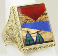 Load image into Gallery viewer, Antique 1920&#39;s Art Deco Jasper Carnelian Lapis Onyx Malachite Intarsia 10k Solid Gold Men&#39;s Ring