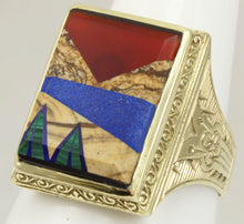 Load image into Gallery viewer, Antique 1920&#39;s Art Deco Jasper Carnelian Lapis Onyx Malachite Intarsia 10k Solid Gold Men&#39;s Ring