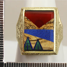 Load image into Gallery viewer, Antique 1920&#39;s Art Deco Jasper Carnelian Lapis Onyx Malachite Intarsia 10k Solid Gold Men&#39;s Ring