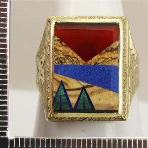 Antique 1920's Art Deco Jasper Carnelian Lapis Onyx Malachite Intarsia 10k Solid Gold Men's Ring