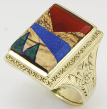 Load image into Gallery viewer, Antique 1920&#39;s Art Deco Jasper Carnelian Lapis Onyx Malachite Intarsia 10k Solid Gold Men&#39;s Ring