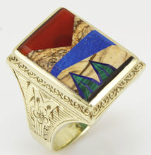 Load image into Gallery viewer, Antique 1920&#39;s Art Deco Jasper Carnelian Lapis Onyx Malachite Intarsia 10k Solid Gold Men&#39;s Ring