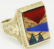 Load image into Gallery viewer, Antique 1920&#39;s Art Deco Jasper Carnelian Lapis Onyx Malachite Intarsia 10k Solid Gold Men&#39;s Ring