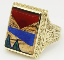 Load image into Gallery viewer, Antique 1920&#39;s Art Deco Jasper Carnelian Lapis Onyx Malachite Intarsia 10k Solid Gold Men&#39;s Ring