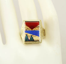 Load image into Gallery viewer, Antique 1920&#39;s Art Deco Jasper Carnelian Lapis Onyx Malachite Intarsia 10k Solid Gold Men&#39;s Ring