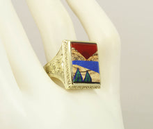 Load image into Gallery viewer, Antique 1920&#39;s Art Deco Jasper Carnelian Lapis Onyx Malachite Intarsia 10k Solid Gold Men&#39;s Ring