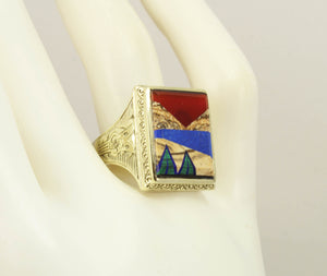 Antique 1920's Art Deco Jasper Carnelian Lapis Onyx Malachite Intarsia 10k Solid Gold Men's Ring