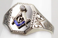 Load image into Gallery viewer, Antique Art Deco RARE Belais of NY Masonic Diamond &amp; Sapphire 10k Solid White Gold Men&#39;s Pinky Ring