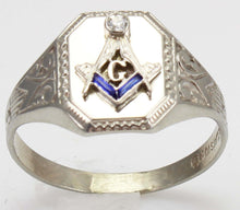 Load image into Gallery viewer, Antique Art Deco RARE Belais of NY Masonic Diamond &amp; Sapphire 10k Solid White Gold Men&#39;s Pinky Ring