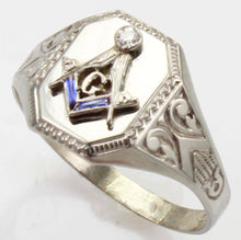 Load image into Gallery viewer, Antique Art Deco RARE Belais of NY Masonic Diamond &amp; Sapphire 10k Solid White Gold Men&#39;s Pinky Ring