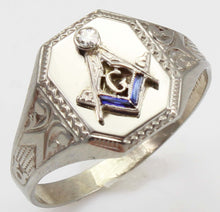 Load image into Gallery viewer, Antique Art Deco RARE Belais of NY Masonic Diamond &amp; Sapphire 10k Solid White Gold Men&#39;s Pinky Ring