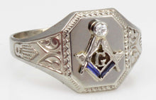 Load image into Gallery viewer, Antique Art Deco RARE Belais of NY Masonic Diamond &amp; Sapphire 10k Solid White Gold Men&#39;s Pinky Ring