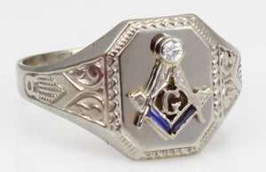 Antique Art Deco RARE Belais of NY Masonic Diamond & Sapphire 10k Solid White Gold Men's Pinky Ring