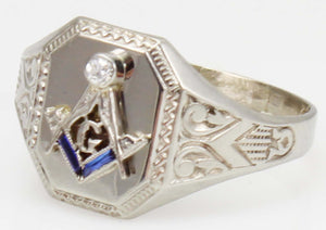 Antique Art Deco RARE Belais of NY Masonic Diamond & Sapphire 10k Solid White Gold Men's Pinky Ring