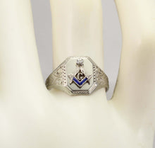 Load image into Gallery viewer, Antique Art Deco RARE Belais of NY Masonic Diamond &amp; Sapphire 10k Solid White Gold Men&#39;s Pinky Ring