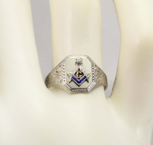 Antique Art Deco RARE Belais of NY Masonic Diamond & Sapphire 10k Solid White Gold Men's Pinky Ring