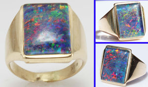 HEAVY Vintage 1940's LARGE BRIGHT RAINBOW RARE Black Natural Opal 10k Solid Yellow Gold Men's Ring