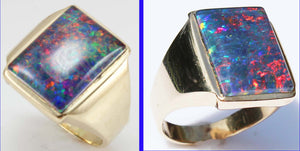 HEAVY Vintage 1940's LARGE BRIGHT RAINBOW RARE Black Natural Opal 10k Solid Yellow Gold Men's Ring