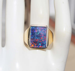 HEAVY Vintage 1940's LARGE BRIGHT RAINBOW RARE Black Natural Opal 10k Solid Yellow Gold Men's Ring