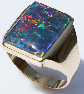 HEAVY Vintage 1940's LARGE BRIGHT RAINBOW RARE Black Natural Opal 10k Solid Yellow Gold Men's Ring