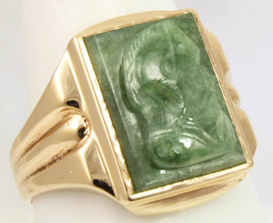 Antique 1920's Art Deco RARE Hand Carved Natural Aventurine Soldier Cameo 10k Solid Gold Men's Ring