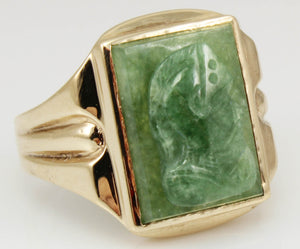 Antique 1920's Art Deco RARE Hand Carved Natural Aventurine Soldier Cameo 10k Solid Gold Men's Ring