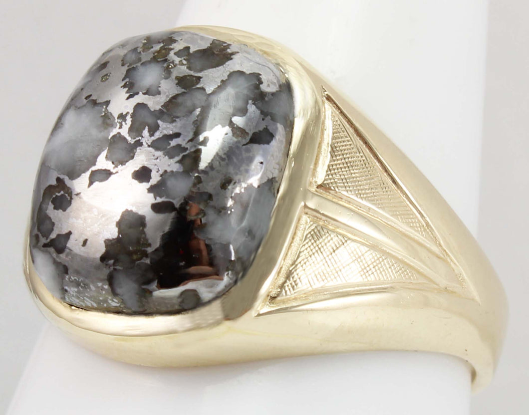 Antique 1920'S Art Deco Natural Silver Ore in Quartz Engraved Florentine 10k Solid Gold Men's Ring