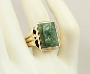 Antique 1920's Art Deco RARE Hand Carved Natural Aventurine Soldier Cameo 10k Solid Gold Men's Ring