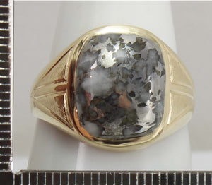 Antique 1920'S Art Deco Natural Silver Ore in Quartz Engraved Florentine 10k Solid Gold Men's Ring