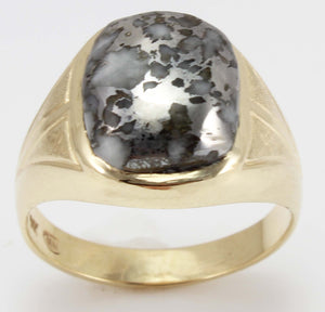 Antique 1920'S Art Deco Natural Silver Ore in Quartz Engraved Florentine 10k Solid Gold Men's Ring