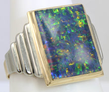 Load image into Gallery viewer, Antique Art Deco LARGE TRUE RAINBOW RARE Black Natural Opal 10k Solid Yellow &amp; White Gold Men&#39;s Ring