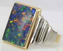 Load image into Gallery viewer, Antique Art Deco LARGE TRUE RAINBOW RARE Black Natural Opal 10k Solid Yellow &amp; White Gold Men&#39;s Ring