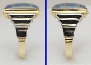 Antique Art Deco LARGE TRUE RAINBOW RARE Black Natural Opal 10k Solid Yellow & White Gold Men's Ring