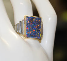 Load image into Gallery viewer, Antique Art Deco LARGE TRUE RAINBOW RARE Black Natural Opal 10k Solid Yellow &amp; White Gold Men&#39;s Ring