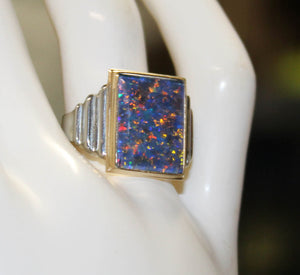 Antique Art Deco LARGE TRUE RAINBOW RARE Black Natural Opal 10k Solid Yellow & White Gold Men's Ring