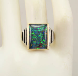 Antique Art Deco LARGE TRUE RAINBOW RARE Black Natural Opal 10k Solid Yellow & White Gold Men's Ring