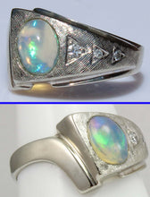 Load image into Gallery viewer, Vintage ORANGE/GOLDEN &amp; GREEN/BLUE Natural Solid Opal &amp; Diamond 10k Solid White Gold Men&#39;s Ring