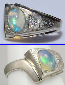 Vintage ORANGE/GOLDEN & GREEN/BLUE Natural Solid Opal & Diamond 10k Solid White Gold Men's Ring