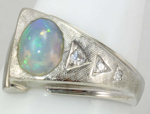 Vintage ORANGE/GOLDEN & GREEN/BLUE Natural Solid Opal & Diamond 10k Solid White Gold Men's Ring