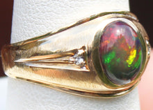 Load image into Gallery viewer, Vintage SIGNED Ullenberg ORANGE RED GOLDEN GREEN Natural Solid Opal Diamond 10k Solid Gold Mens Ring