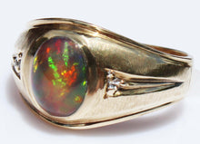 Load image into Gallery viewer, Vintage SIGNED Ullenberg ORANGE RED GOLDEN GREEN Natural Solid Opal Diamond 10k Solid Gold Mens Ring