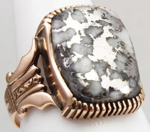 Antique Victorian LARGE RARE Natural Silver Ore in Quartz Engraved 14k Solid Rose Gold Men's Ring