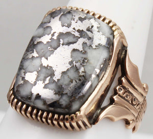 Antique Victorian LARGE RARE Natural Silver Ore in Quartz Engraved 14k Solid Rose Gold Men's Ring