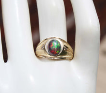 Load image into Gallery viewer, Vintage SIGNED Ullenberg ORANGE RED GOLDEN GREEN Natural Solid Opal Diamond 10k Solid Gold Mens Ring