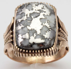 Antique Victorian LARGE RARE Natural Silver Ore in Quartz Engraved 14k Solid Rose Gold Men's Ring