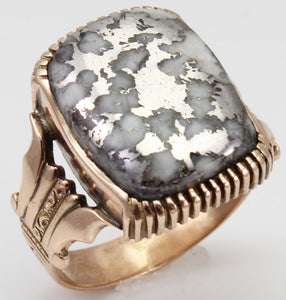 Antique Victorian LARGE RARE Natural Silver Ore in Quartz Engraved 14k Solid Rose Gold Men's Ring