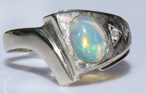 Vintage ORANGE/GOLDEN & GREEN/BLUE Natural Solid Opal & Diamond 10k Solid White Gold Men's Ring